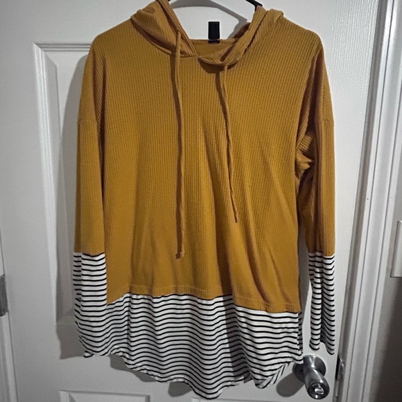 SHEIN Tops - SHEIN Mustard Ribbed Hooded Tunic with Striped Trim